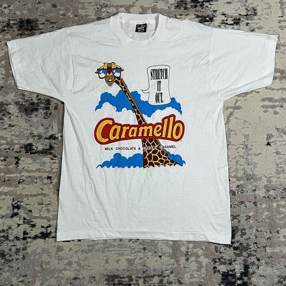Vtg Caramello Candy T Shirt L Single Stitch Giraffe Stretch It Fruit Of The Loom